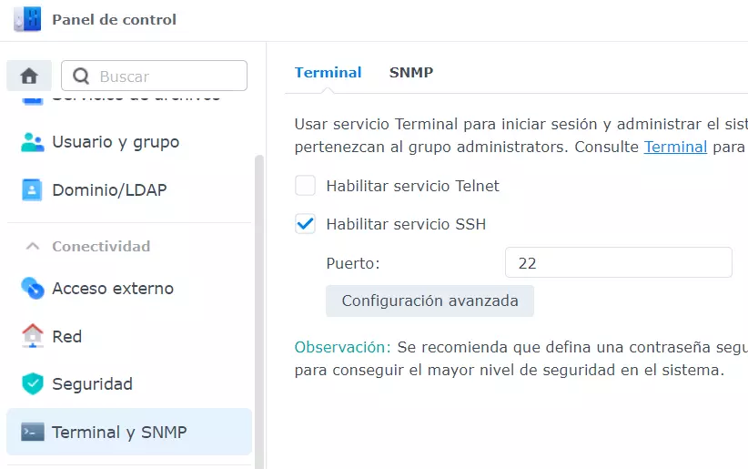 Habilitar SSH en Synology