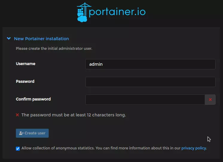 Primer login Portainer